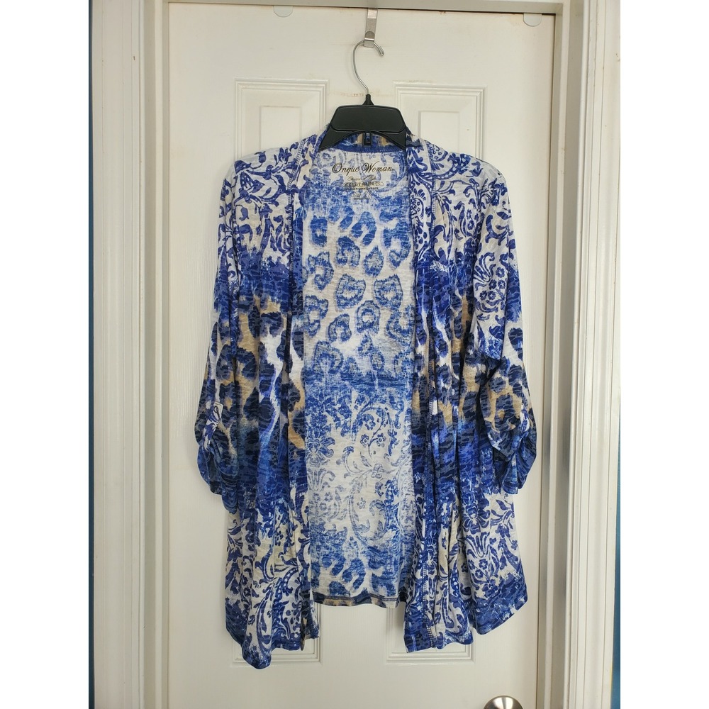 Onque Woman Cardigan Blue Mixed Print Open Front Boho Layering Top 2X
